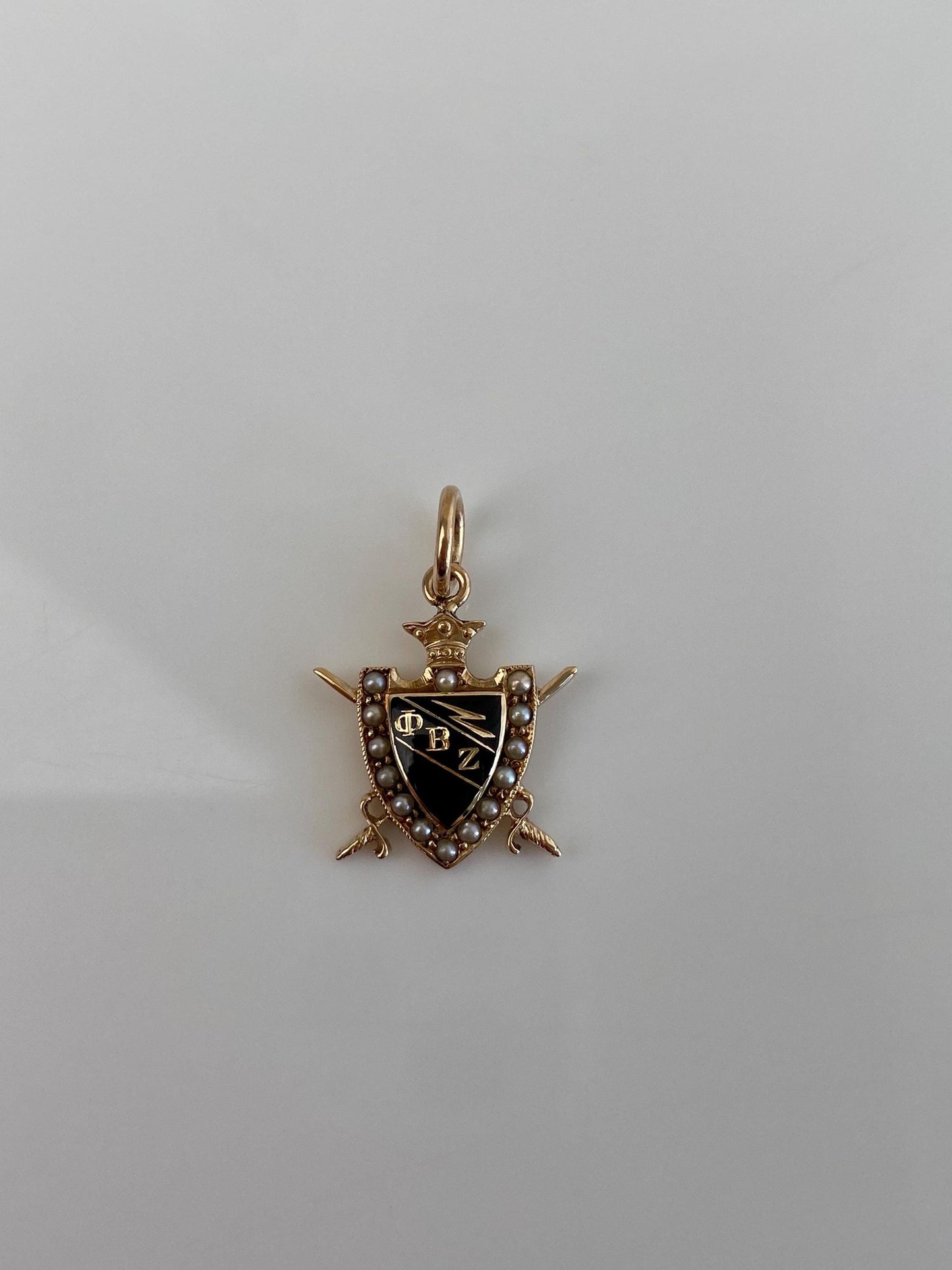Vintage Solid 10k Yellow Gold Black Enamel Seed Pearls Fraternity Charm