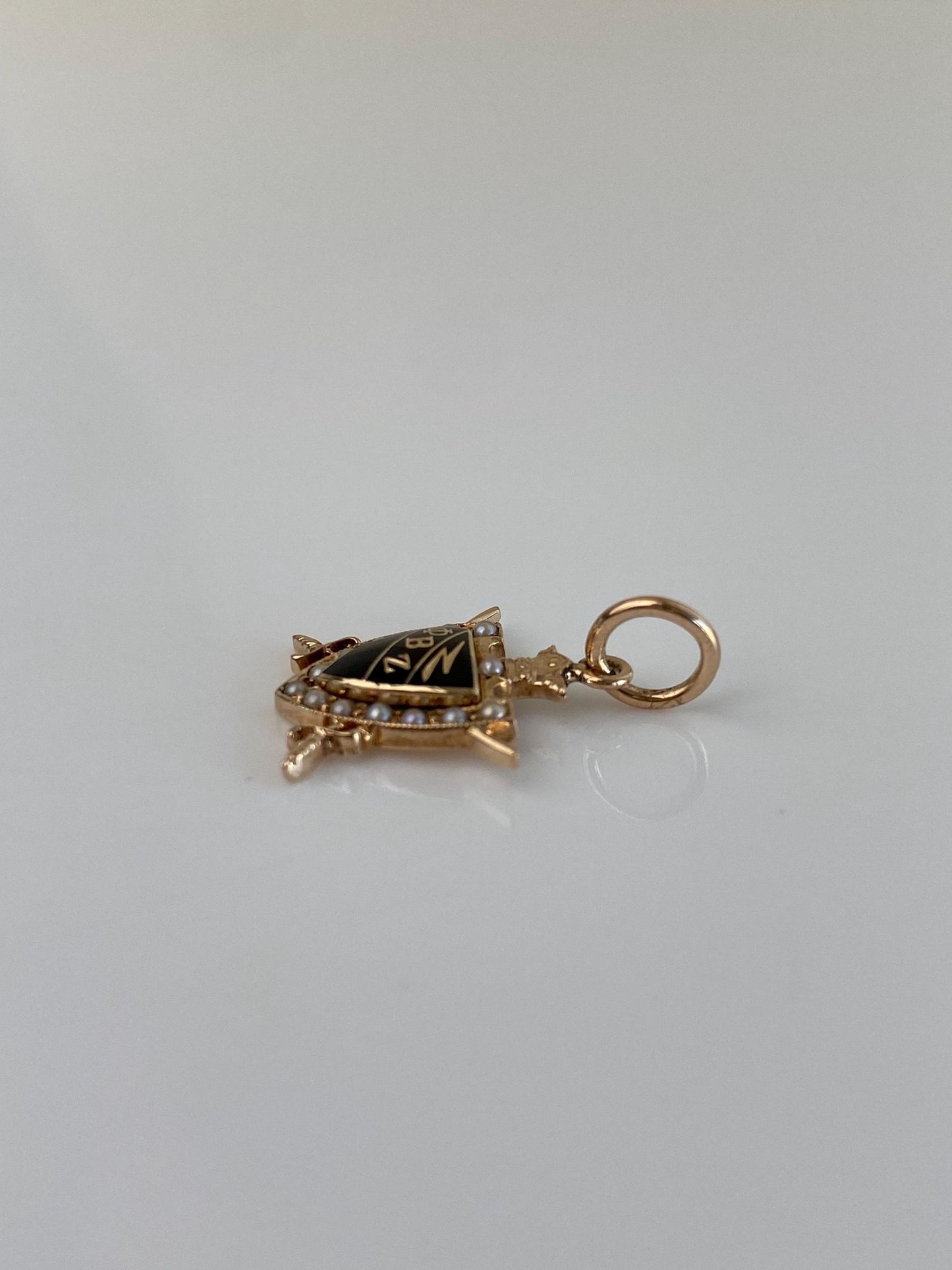 Vintage Solid 10k Yellow Gold Black Enamel Seed Pearls Fraternity Charm