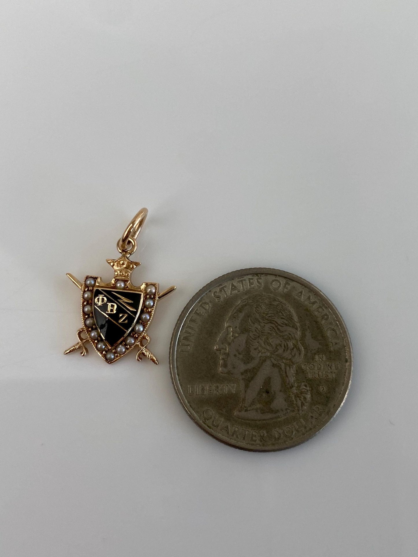 Vintage Solid 10k Yellow Gold Black Enamel Seed Pearls Fraternity Charm