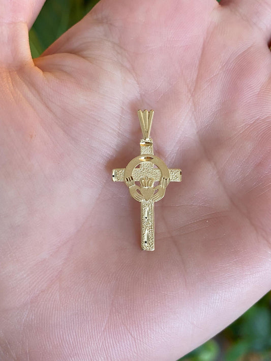 Vintage Solid 14k Yellow Gold Claddaugh Cross Charm