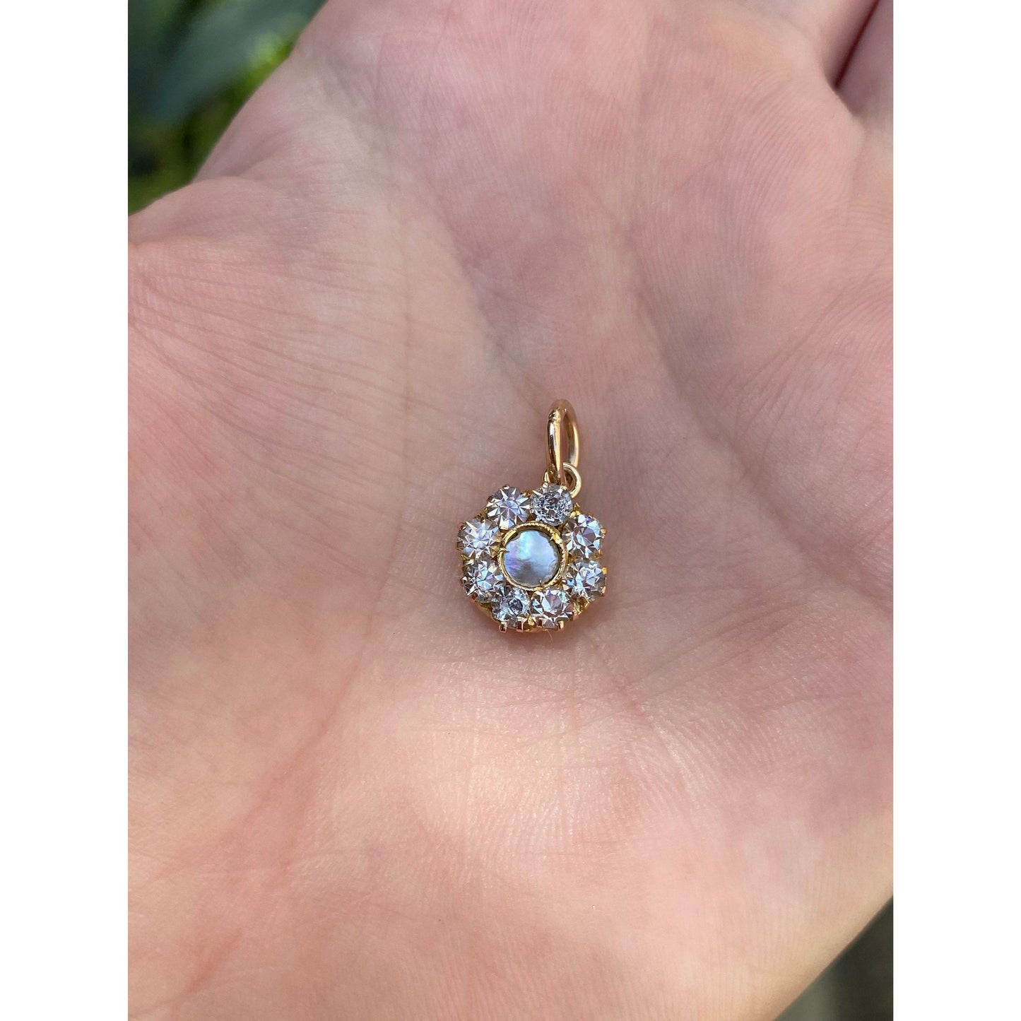 Vintage Solid 10k Yellow Gold Cubic Zirconia Halo Pearl Charm