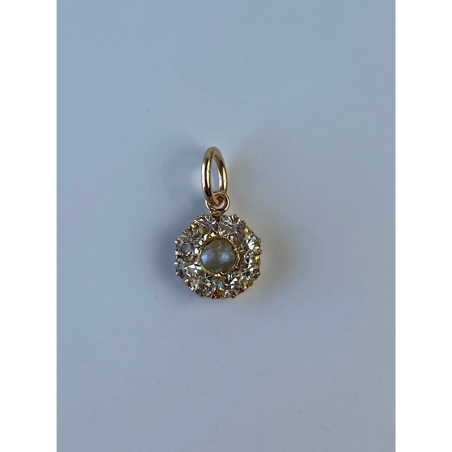 Vintage Solid 10k Yellow Gold Cubic Zirconia Halo Pearl Charm