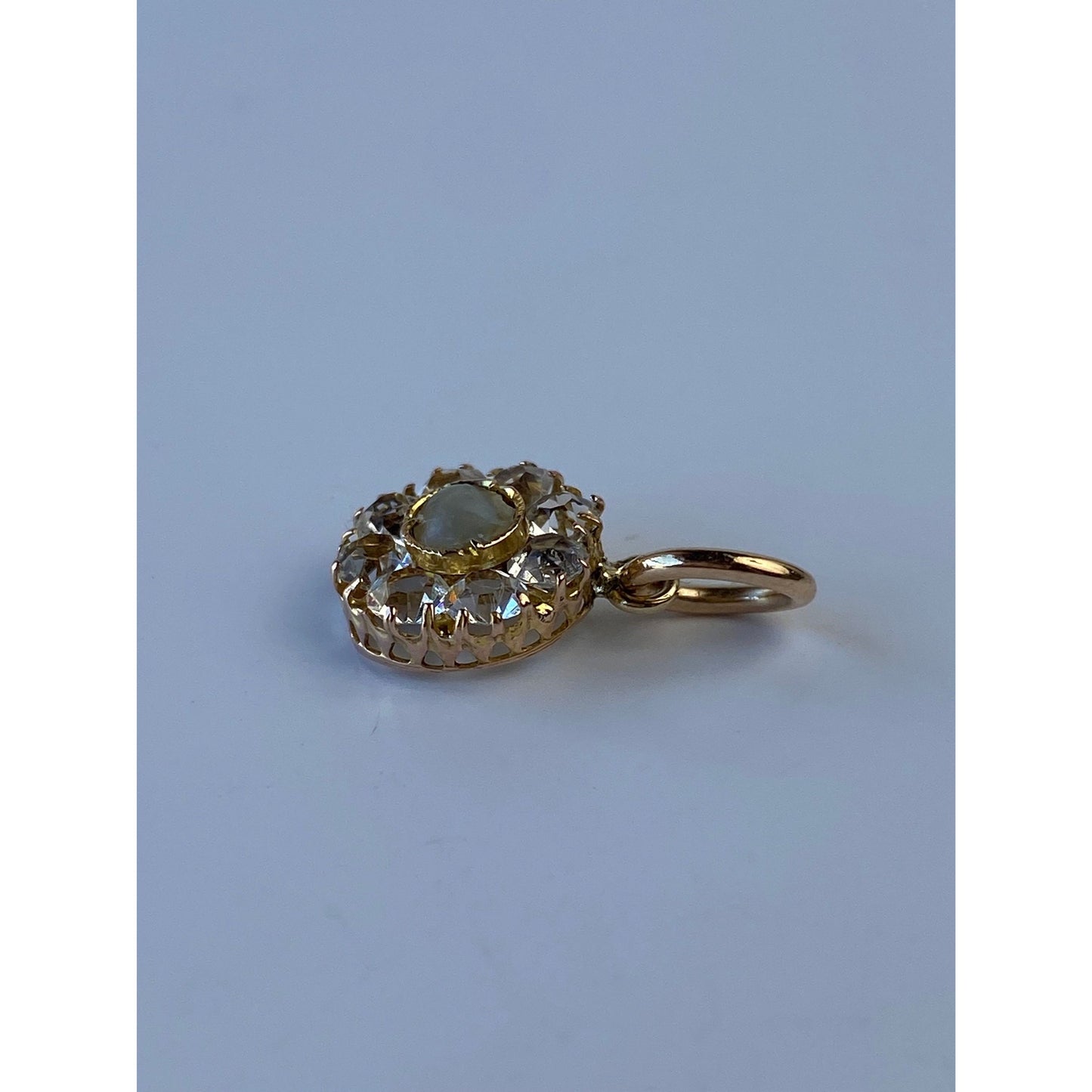 Vintage Solid 10k Yellow Gold Cubic Zirconia Halo Pearl Charm
