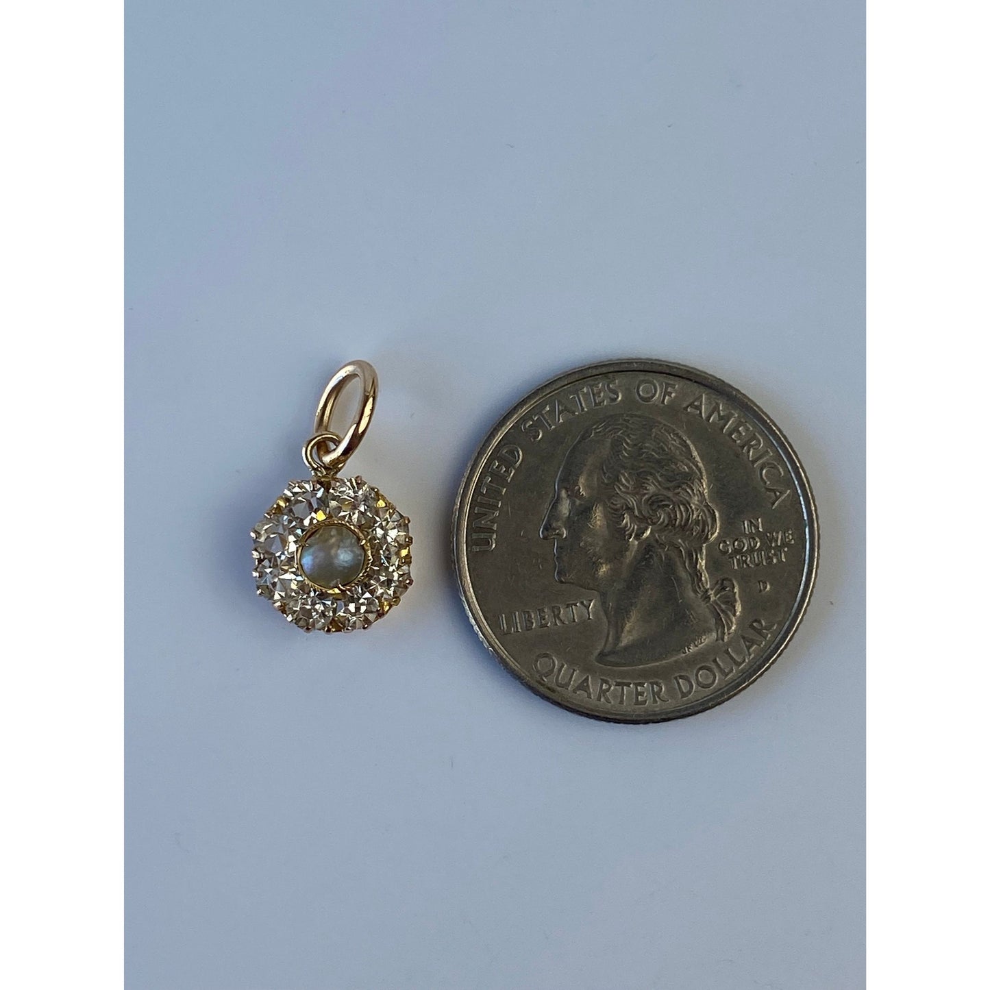 Vintage Solid 10k Yellow Gold Cubic Zirconia Halo Pearl Charm