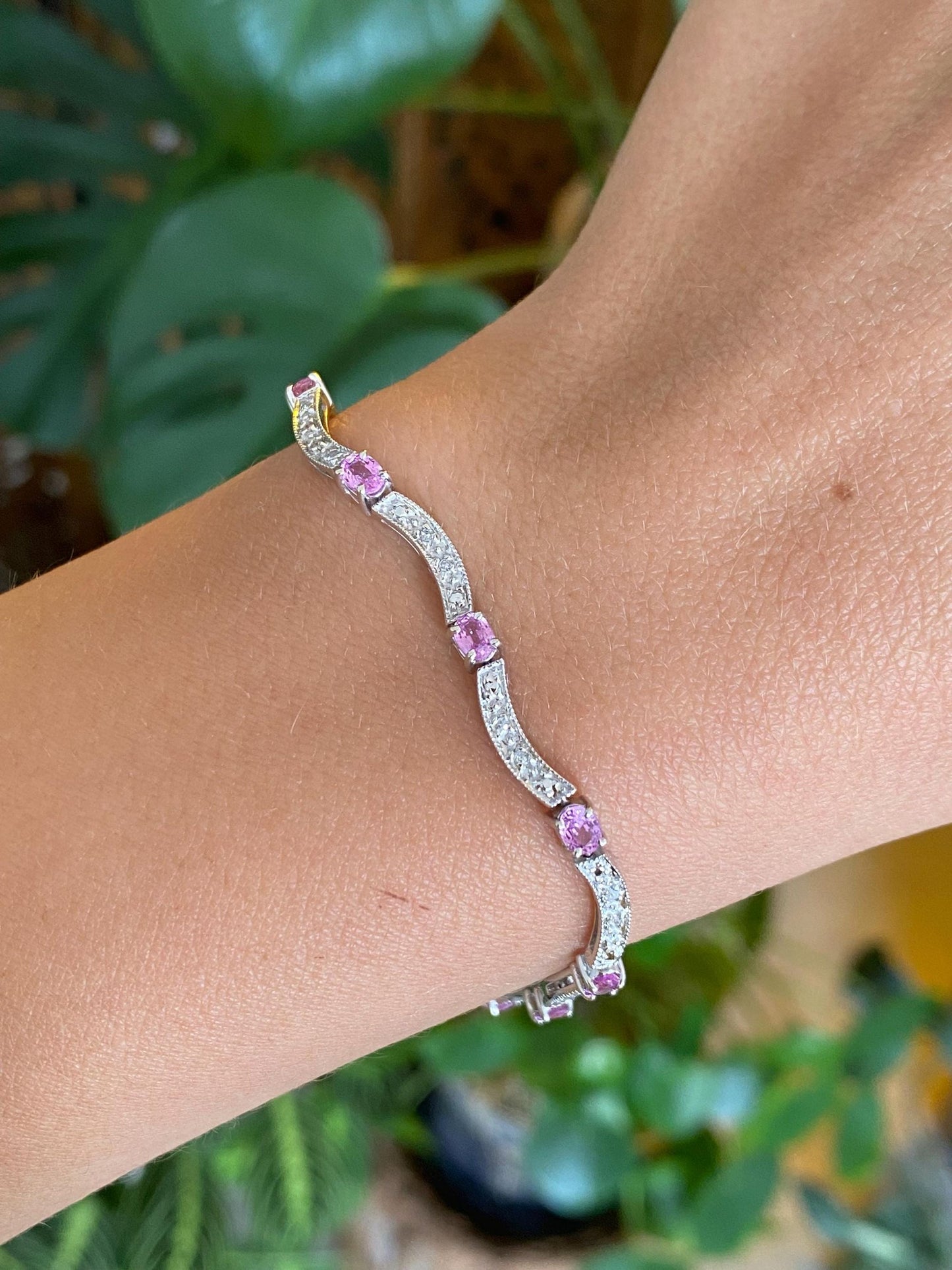 Vintage Solid 10k White Gold Diamonds Pink Sapphire Link Bracelet - 6.75 inches