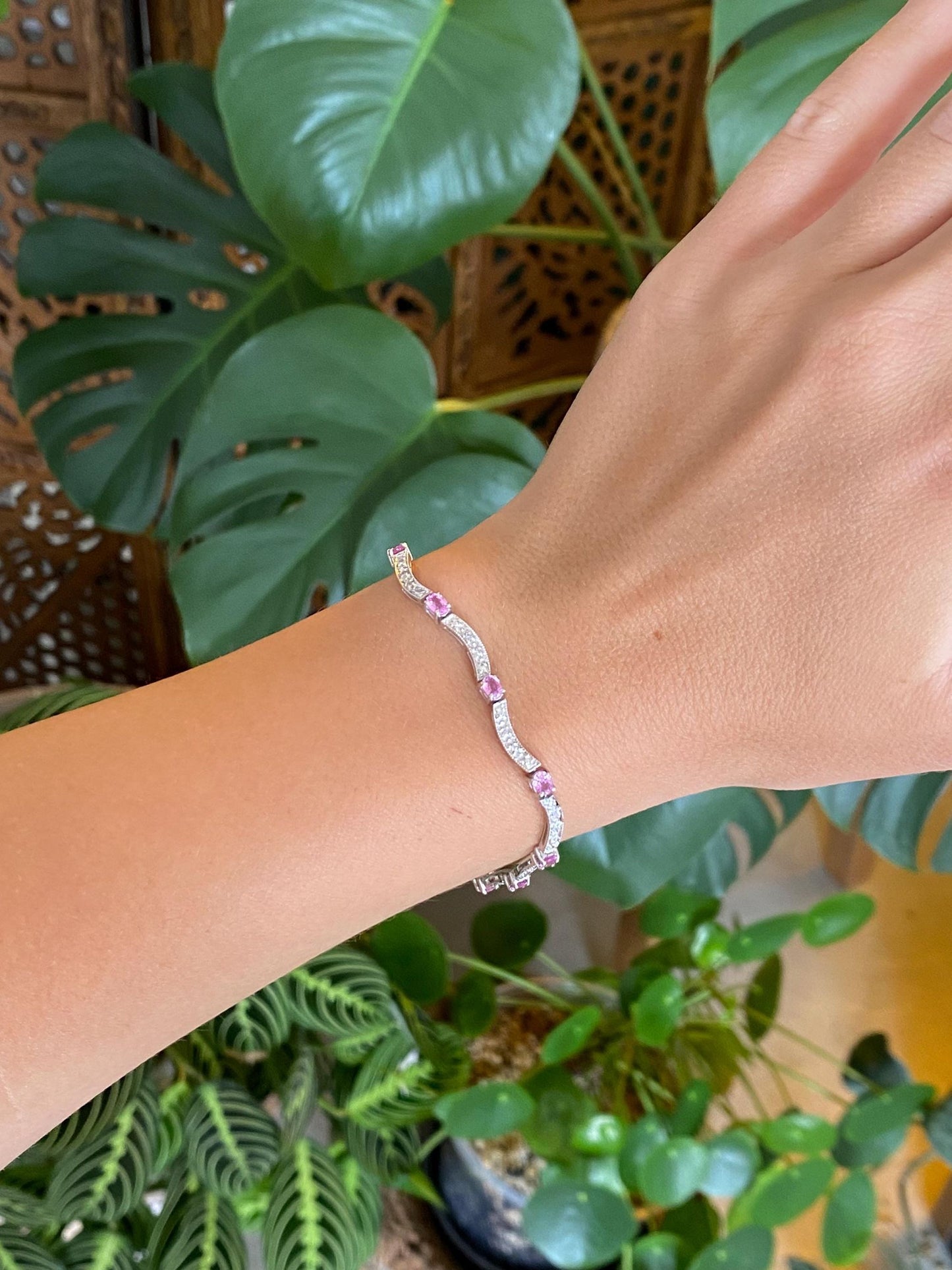 Vintage Solid 10k White Gold Diamonds Pink Sapphire Link Bracelet - 6.75 inches