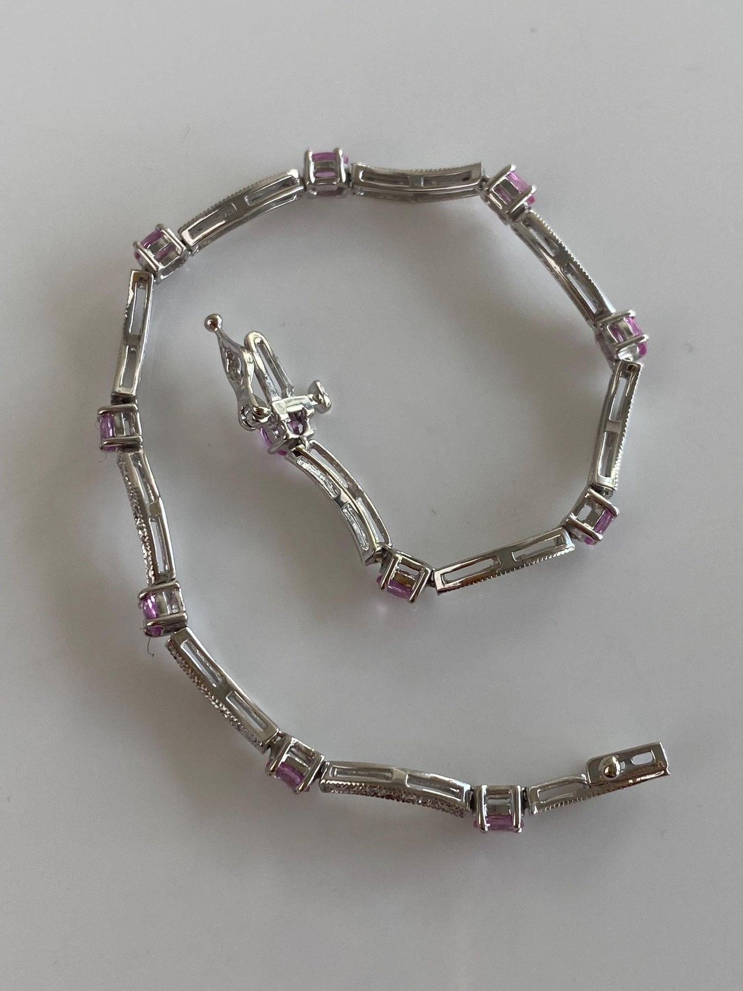 Vintage Solid 10k White Gold Diamonds Pink Sapphire Link Bracelet - 6.75 inches