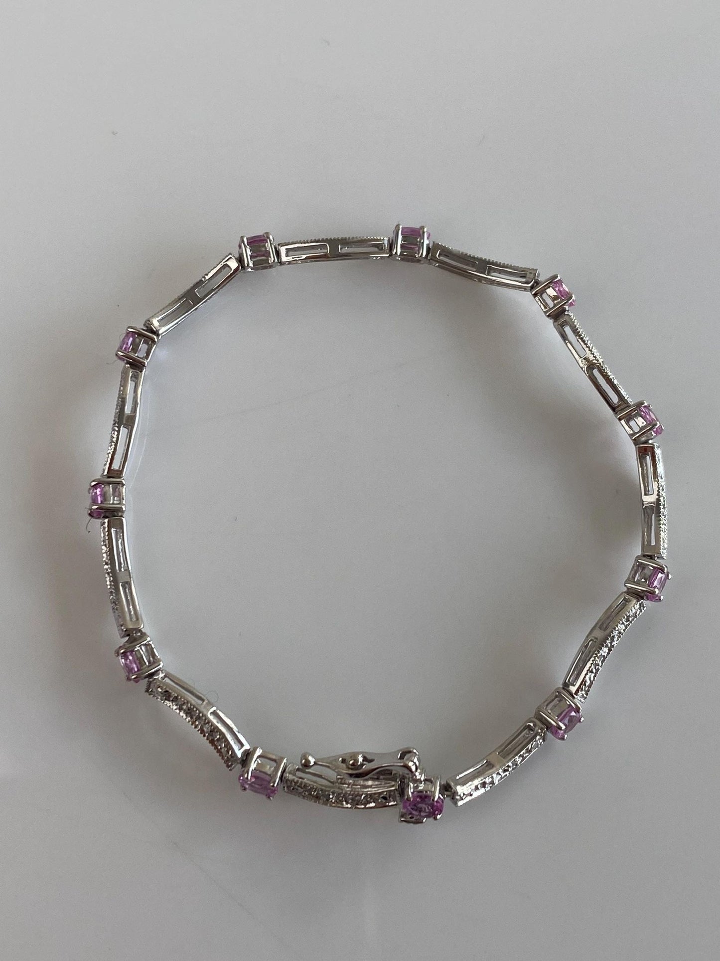 Vintage Solid 10k White Gold Diamonds Pink Sapphire Link Bracelet - 6.75 inches