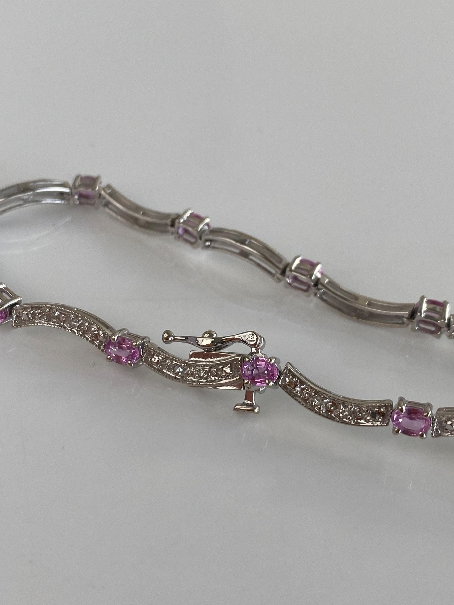 Vintage Solid 10k White Gold Diamonds Pink Sapphire Link Bracelet - 6.75 inches