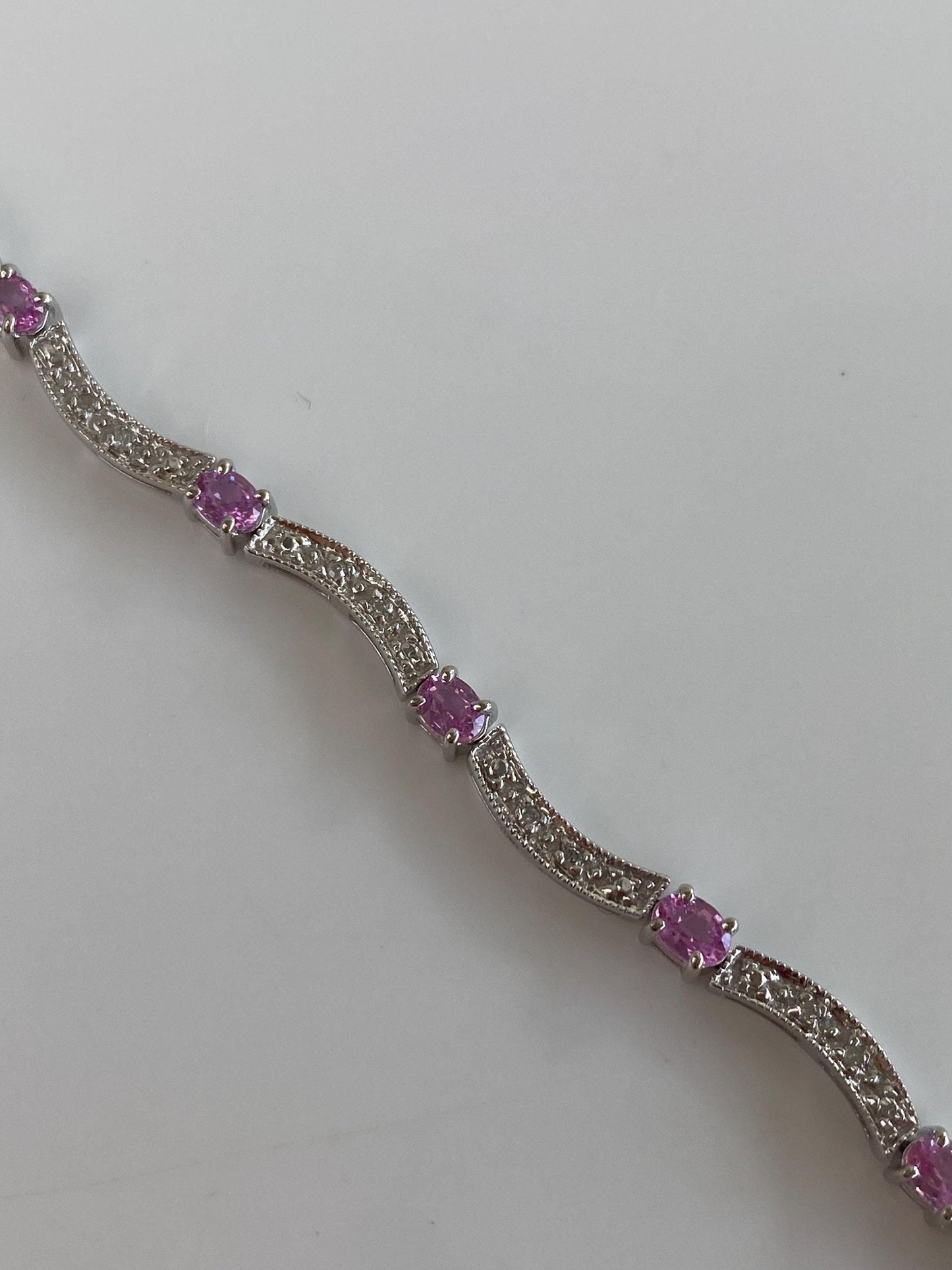 Vintage Solid 10k White Gold Diamonds Pink Sapphire Link Bracelet - 6.75 inches