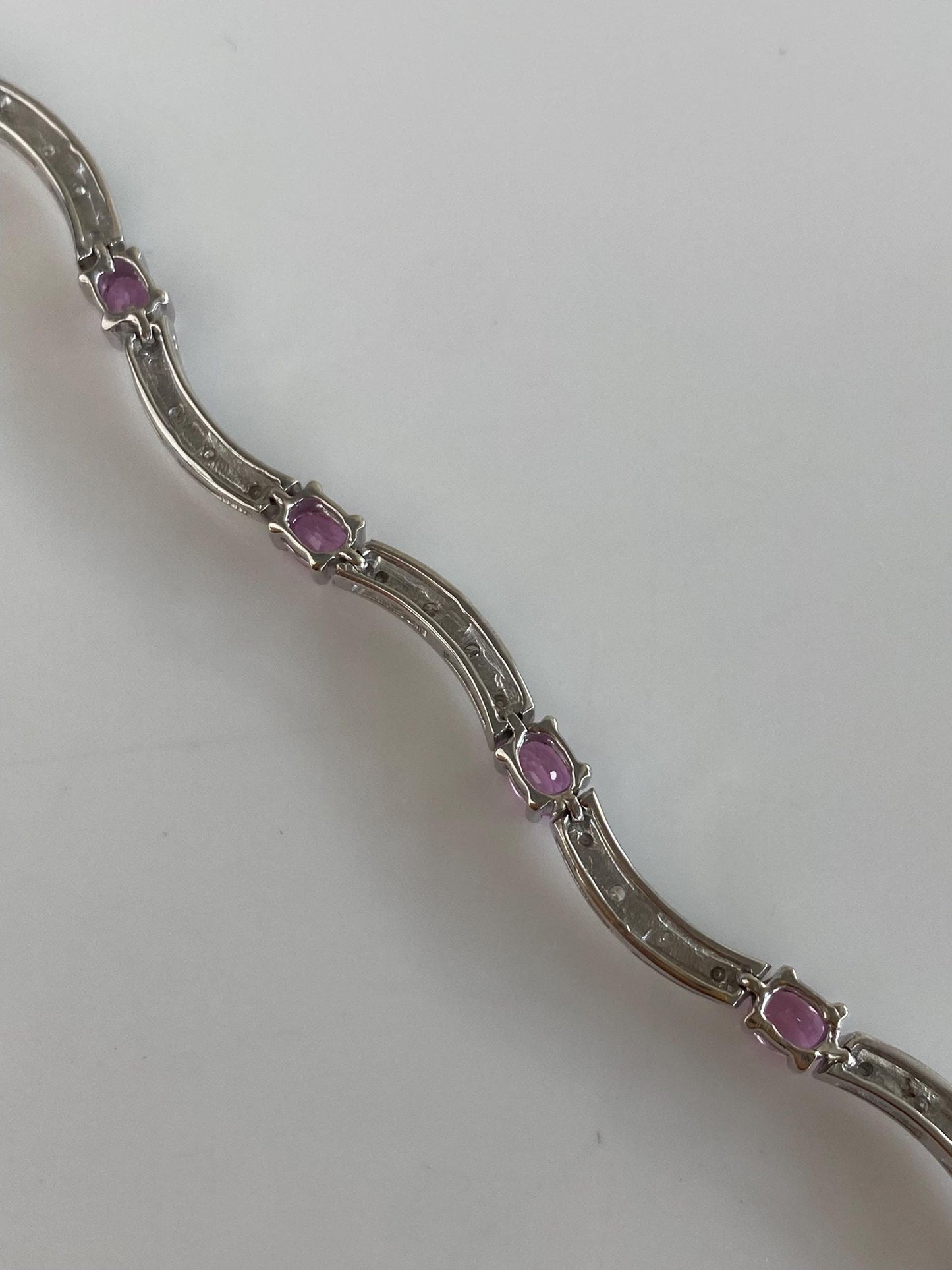 Vintage Solid 10k White Gold Diamonds Pink Sapphire Link Bracelet - 6.75 inches