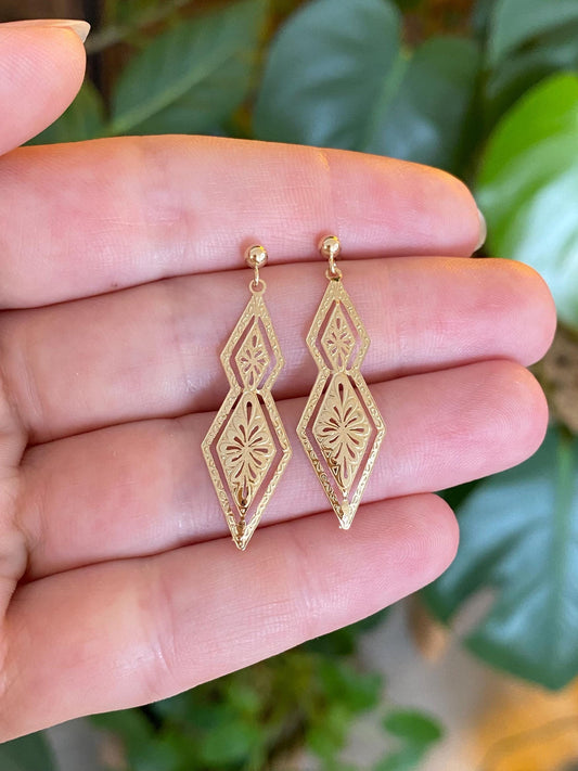 Vintage Solid 14k Yellow Gold Open Work Engraved Floral Dangle Stud Earrings