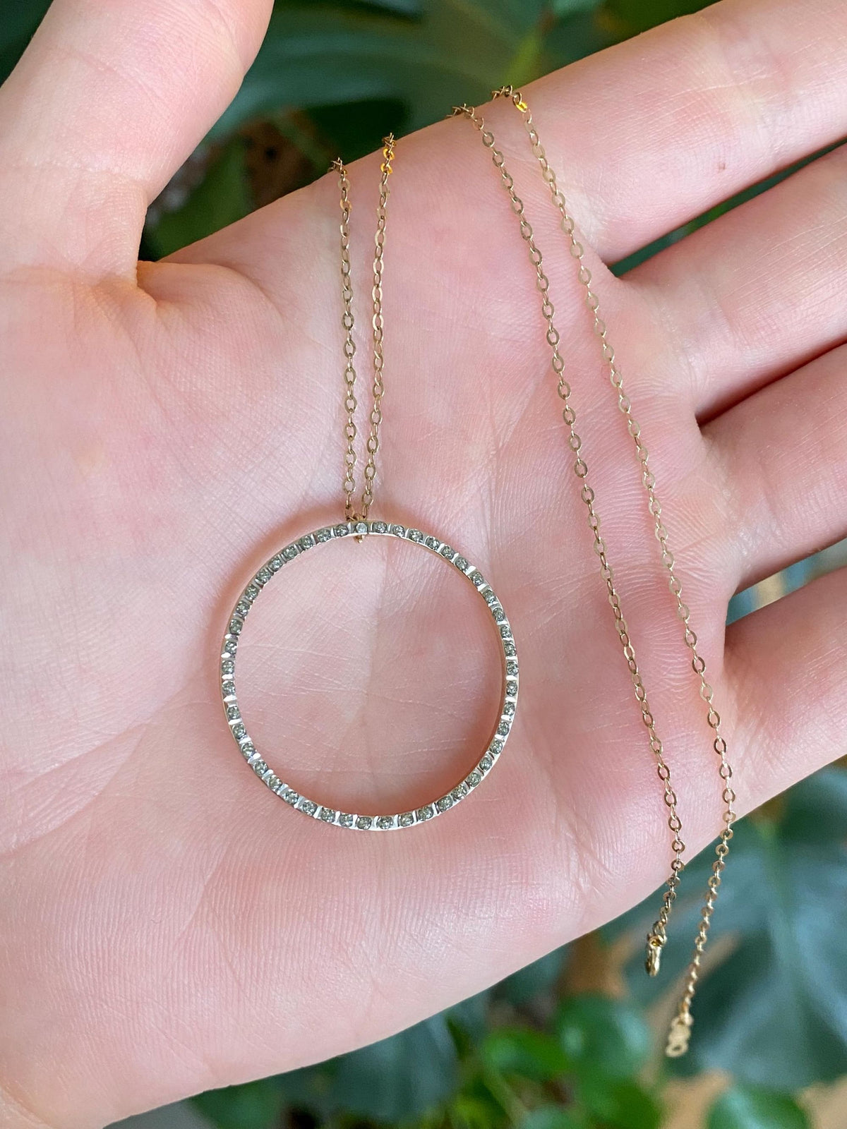 Vintage 14k White & Yellow Gold Clear Enamel Circle Charm w/ Solid 14k Yellow Gold Cable Chain Necklace - 18 inches