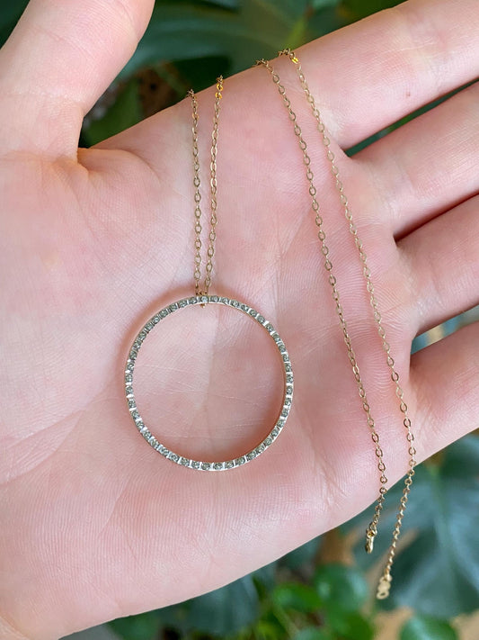 Vintage 14k White & Yellow Gold Clear Enamel Circle Charm w/ Solid 14k Yellow Gold Cable Chain Necklace - 18 inches