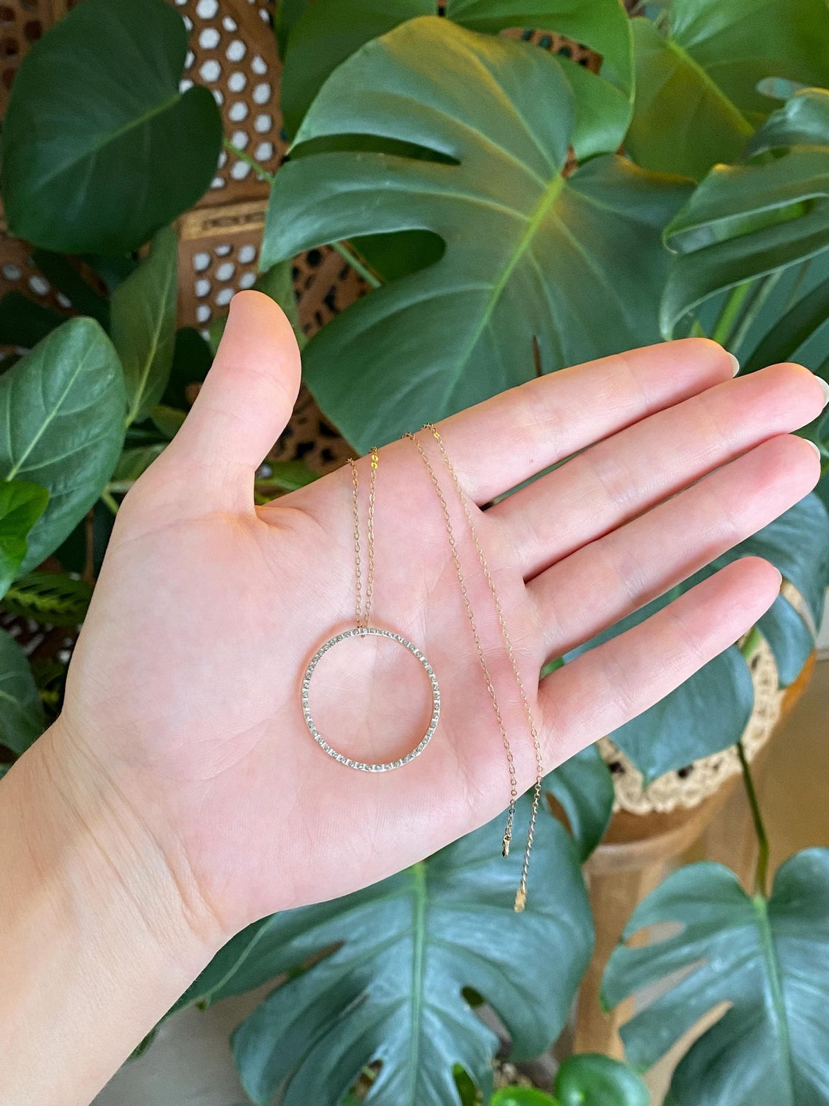 Vintage 14k White & Yellow Gold Clear Enamel Circle Charm w/ Solid 14k Yellow Gold Cable Chain Necklace - 18 inches