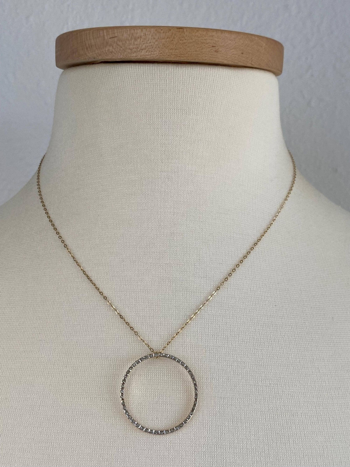 Vintage 14k White & Yellow Gold Clear Enamel Circle Charm w/ Solid 14k Yellow Gold Cable Chain Necklace - 18 inches