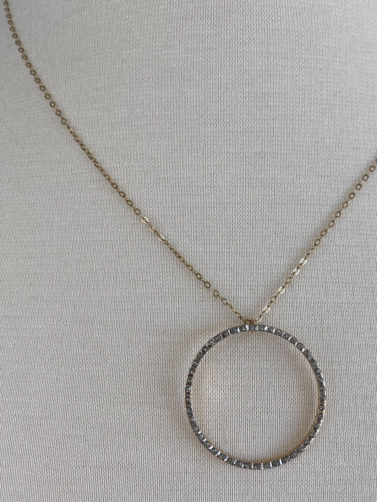 Vintage 14k White & Yellow Gold Clear Enamel Circle Charm w/ Solid 14k Yellow Gold Cable Chain Necklace - 18 inches