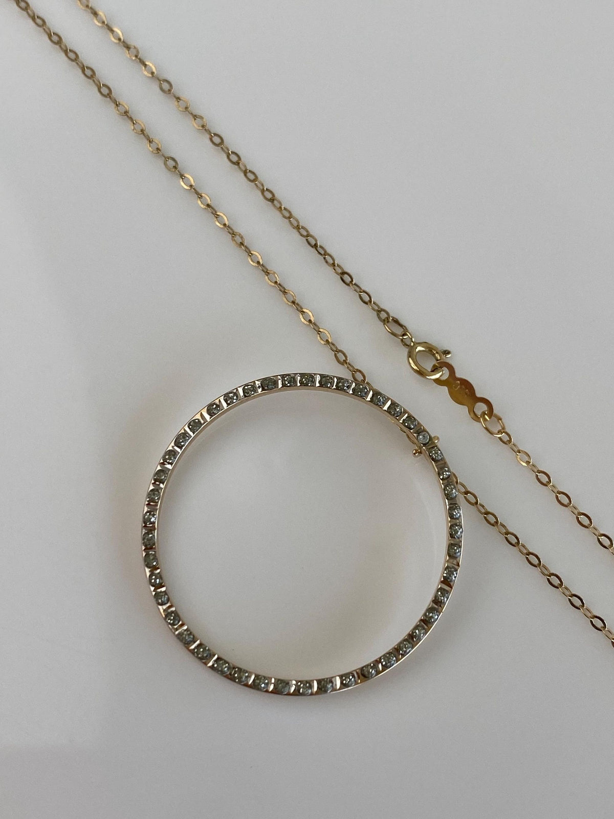 Vintage 14k White & Yellow Gold Clear Enamel Circle Charm w/ Solid 14k Yellow Gold Cable Chain Necklace - 18 inches