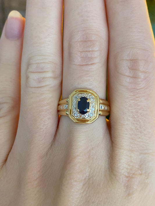 Vintage Solid 18k Yellow Gold Diamond Halo Blue Sapphire Ring - Size 6.5