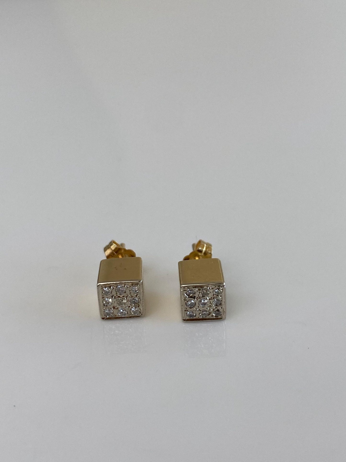 Vintage 14k White & Yellow Gold Diamond Cube Stud Earrings