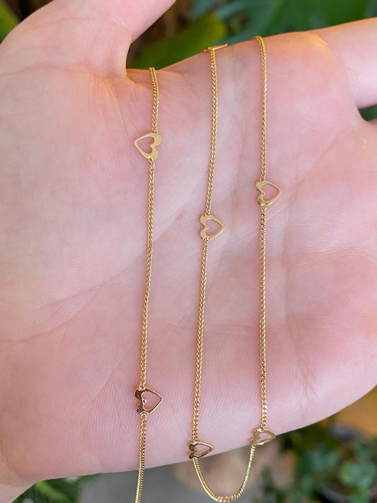 Vintage Solid 14k Yellow Gold Heart Link Tight Curb Chain Necklace - 17.5 inches