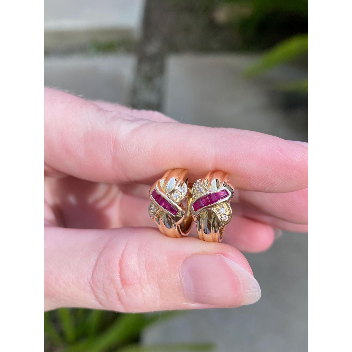 Vintage Solid 18k Yellow Gold Ruby Diamond X Hoop Earrings