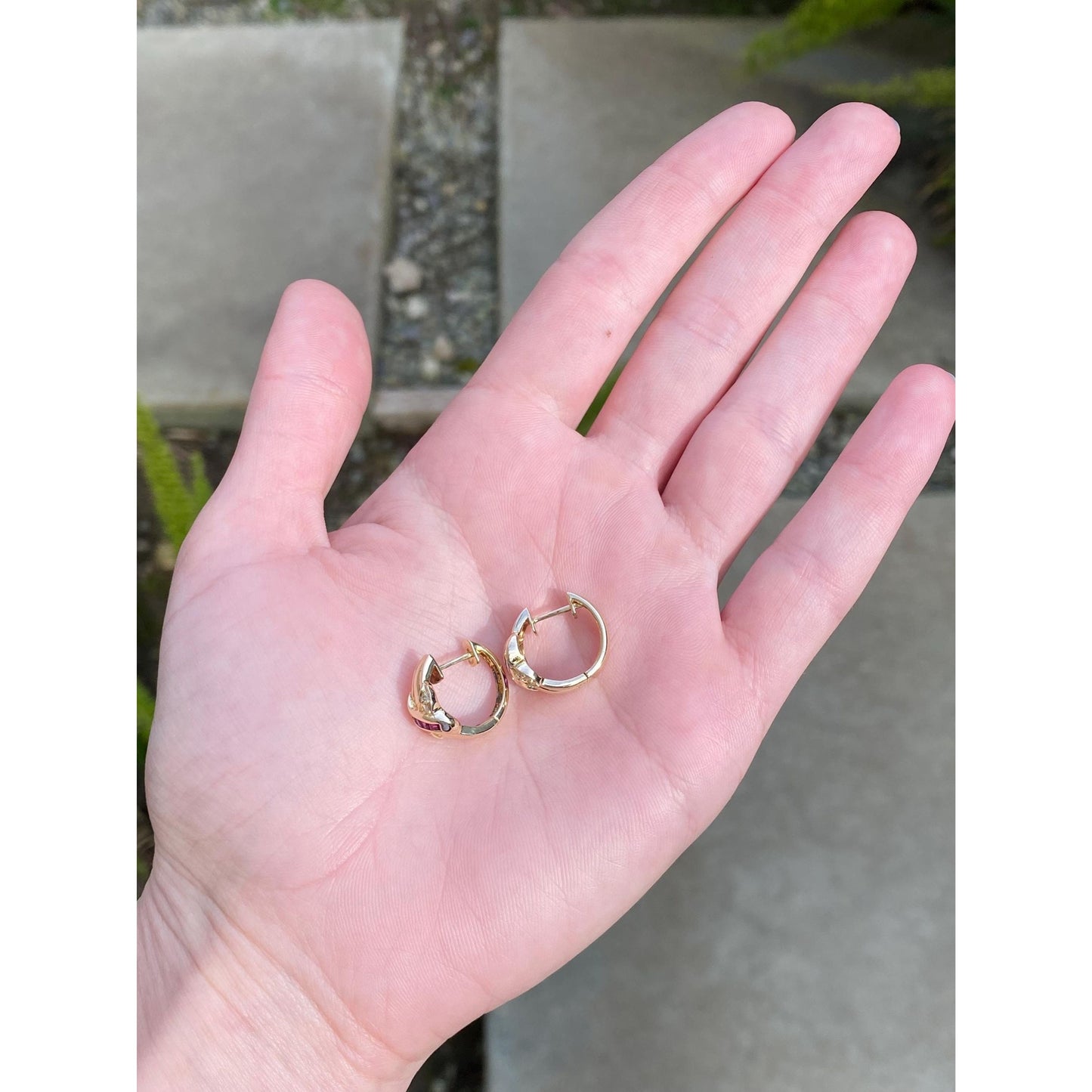 Vintage Solid 18k Yellow Gold Ruby Diamond X Hoop Earrings