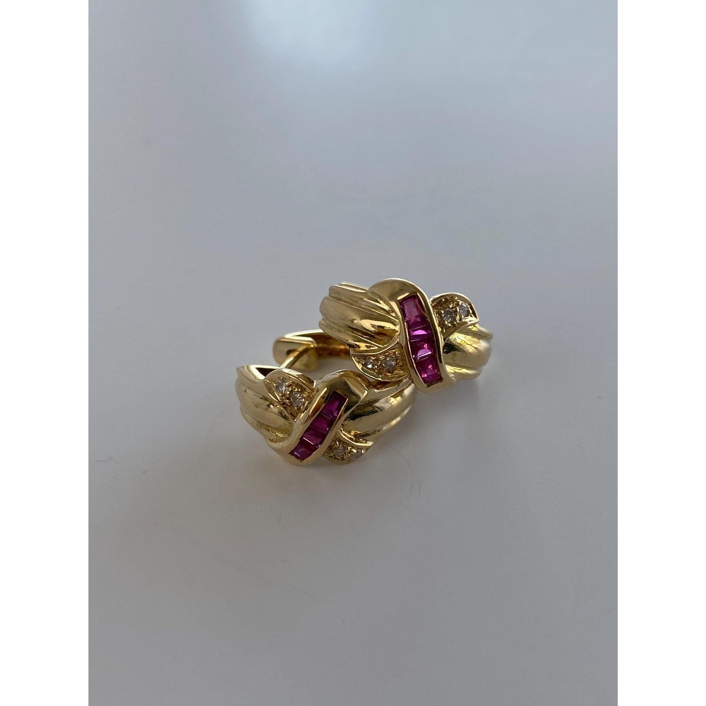 Vintage Solid 18k Yellow Gold Ruby Diamond X Hoop Earrings
