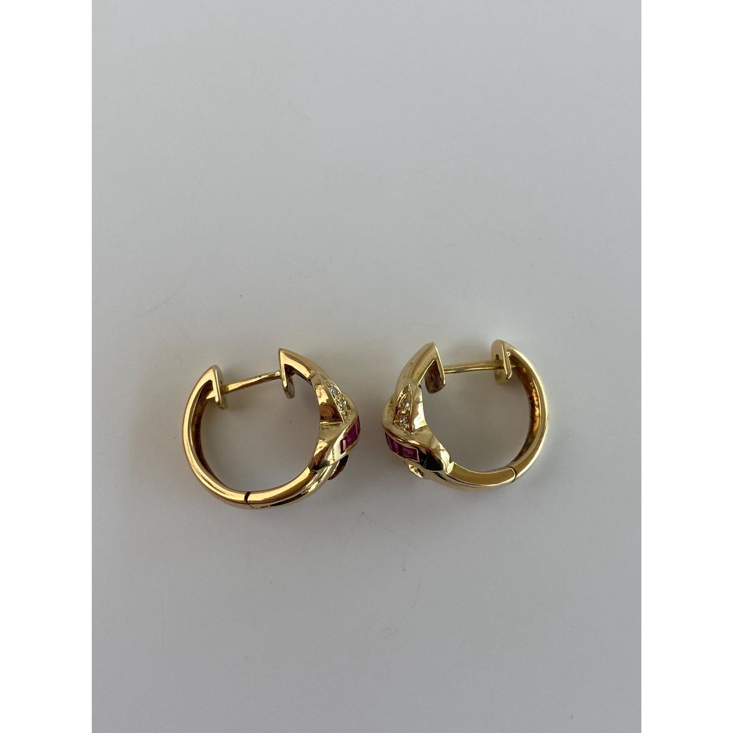 Vintage Solid 18k Yellow Gold Ruby Diamond X Hoop Earrings