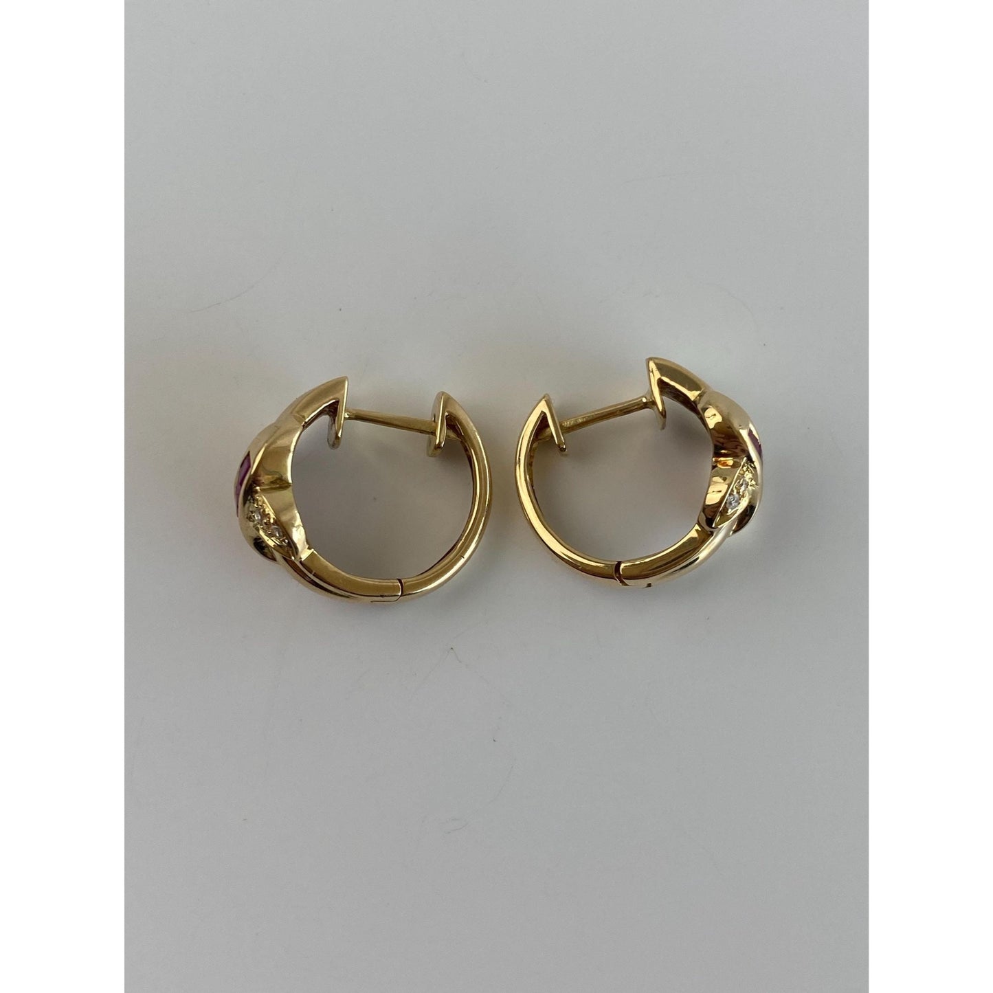 Vintage Solid 18k Yellow Gold Ruby Diamond X Hoop Earrings
