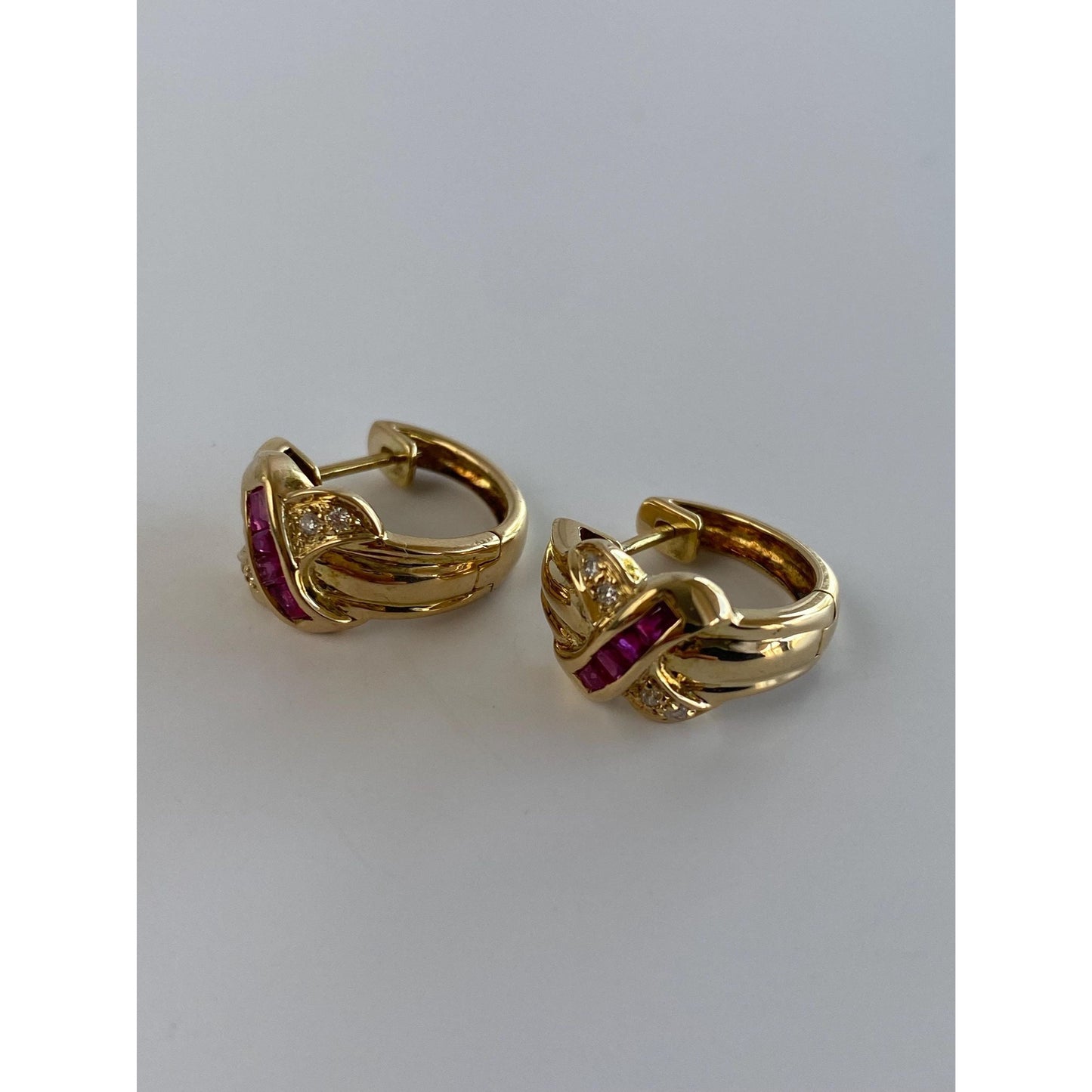 Vintage Solid 18k Yellow Gold Ruby Diamond X Hoop Earrings
