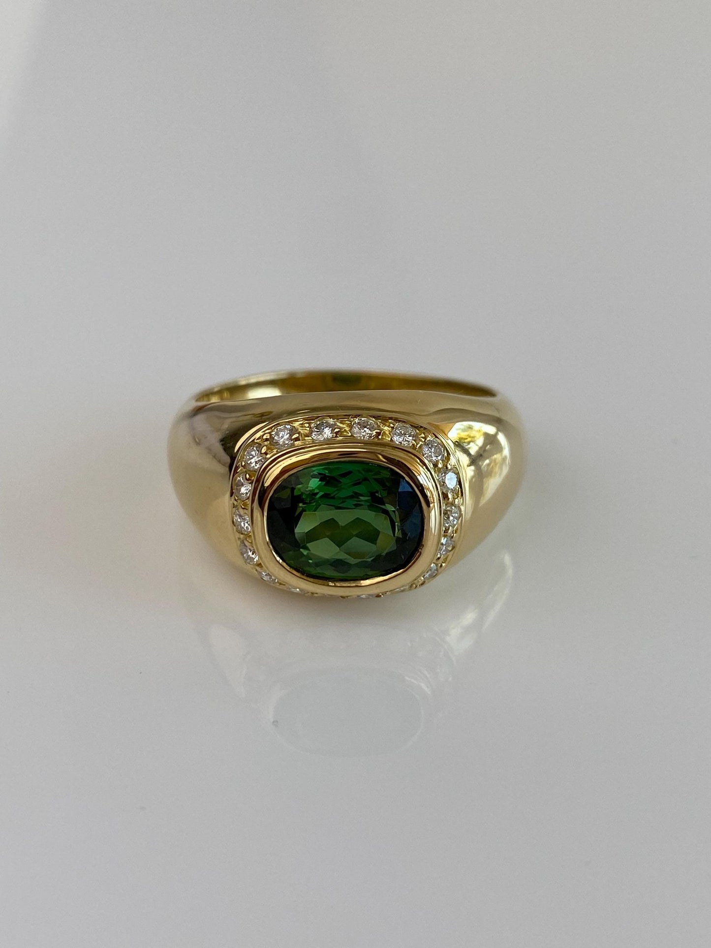 Vintage Solid 14k Yellow Gold Diamond Halo Green Tourmaline Signet Ring - Size 12
