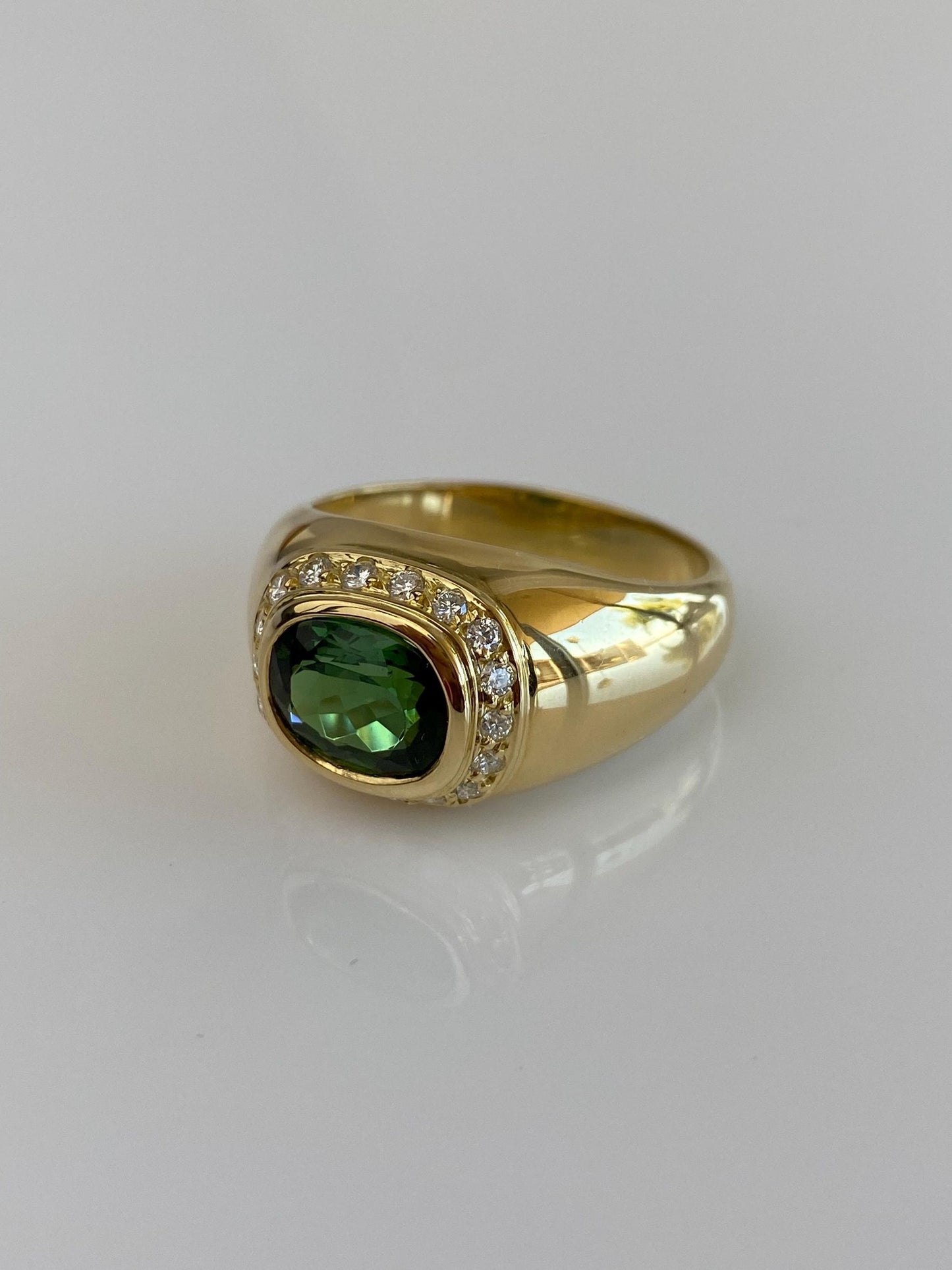 Vintage Solid 14k Yellow Gold Diamond Halo Green Tourmaline Signet Ring - Size 12