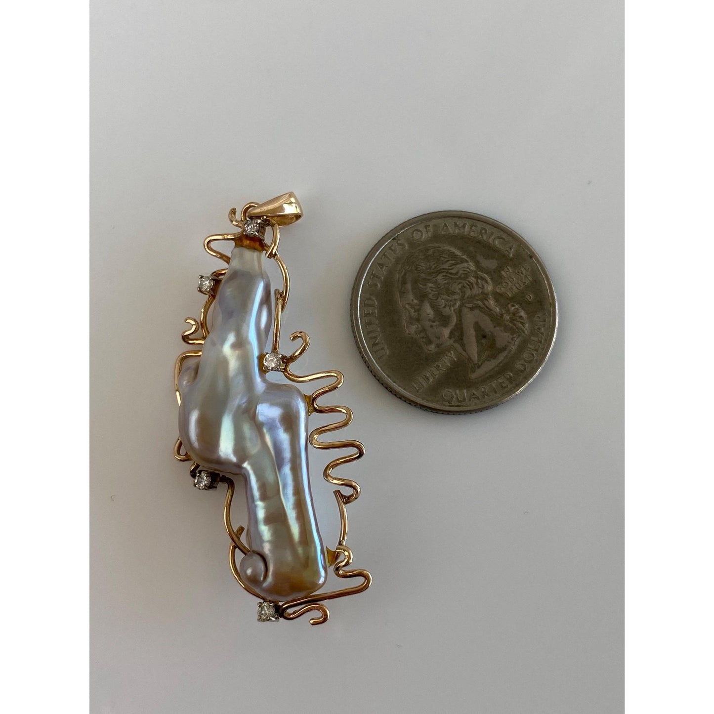 Vintage Solid 14k Yellow Gold Diamond Freeform Pearl Wire Work Charm