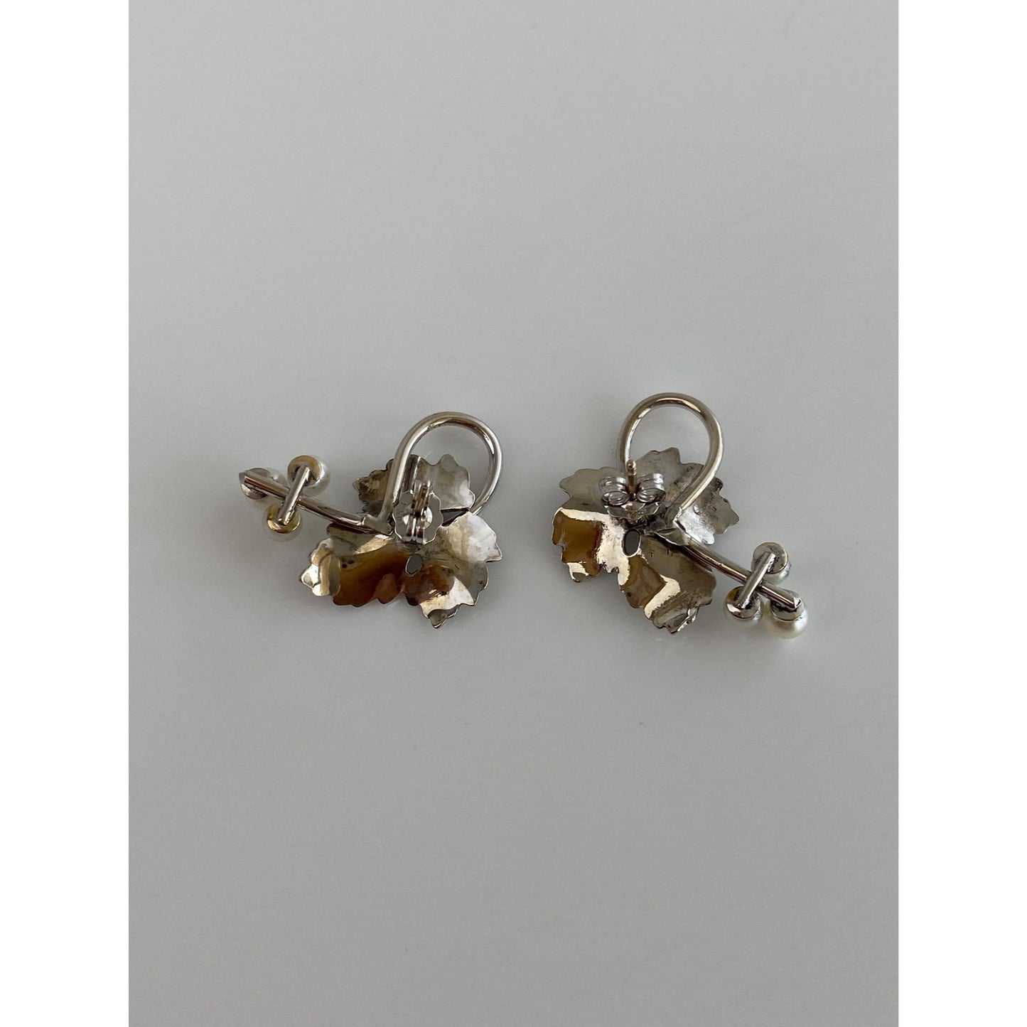 Vintage Solid 14k White Gold Pearl Grape Leaves Stud Earrings