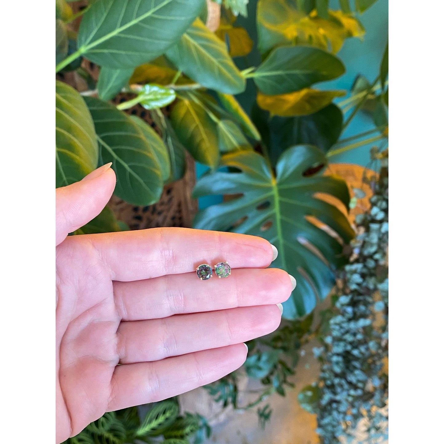 Vintage Solid 14k Yellow Gold Mystic Topaz Stud Earrings