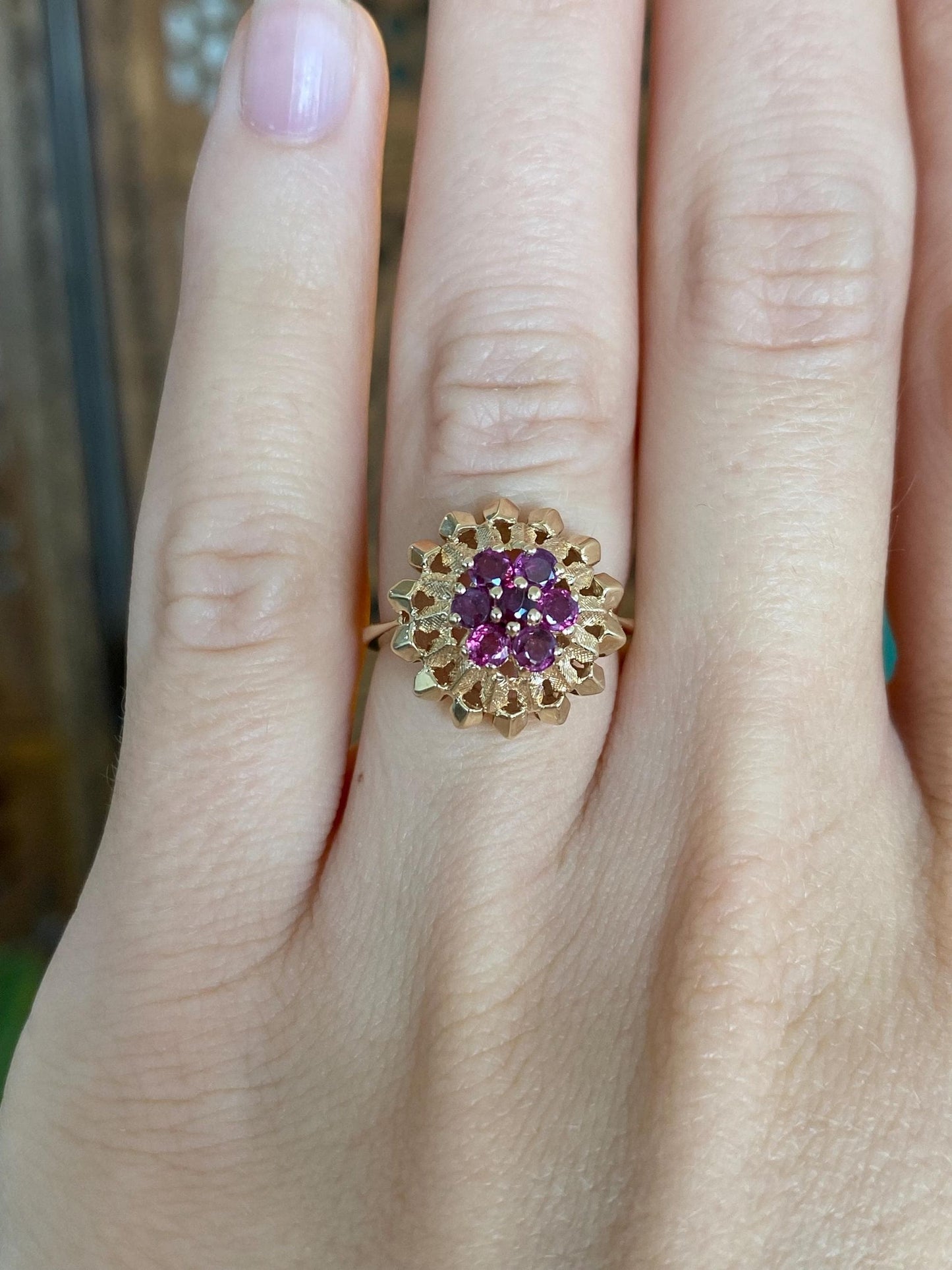 Vintage Solid 14k Yellow Gold Ruby Cluster Ring - Size 4.75