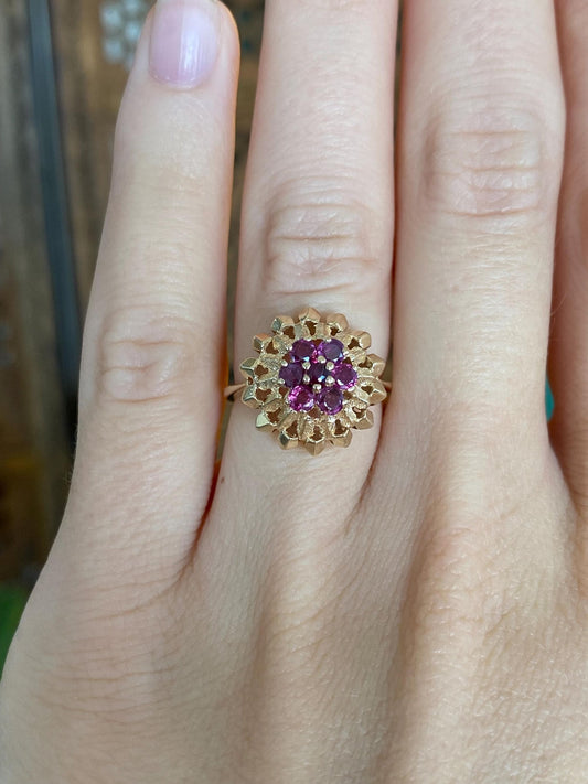 Vintage Solid 14k Yellow Gold Ruby Cluster Ring - Size 4.75