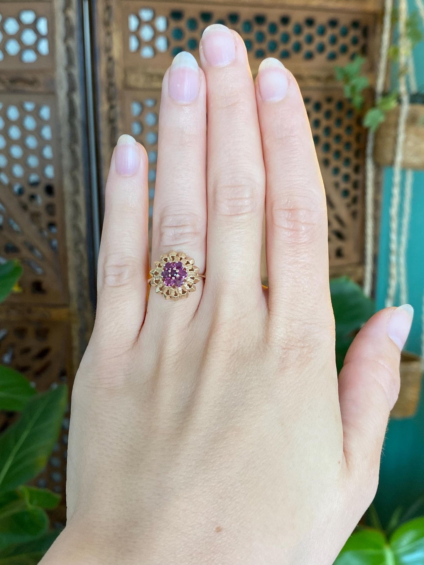 Vintage Solid 14k Yellow Gold Ruby Cluster Ring - Size 4.75