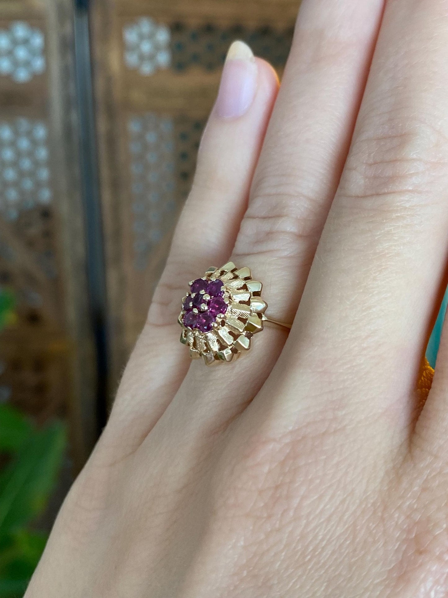Vintage Solid 14k Yellow Gold Ruby Cluster Ring - Size 4.75