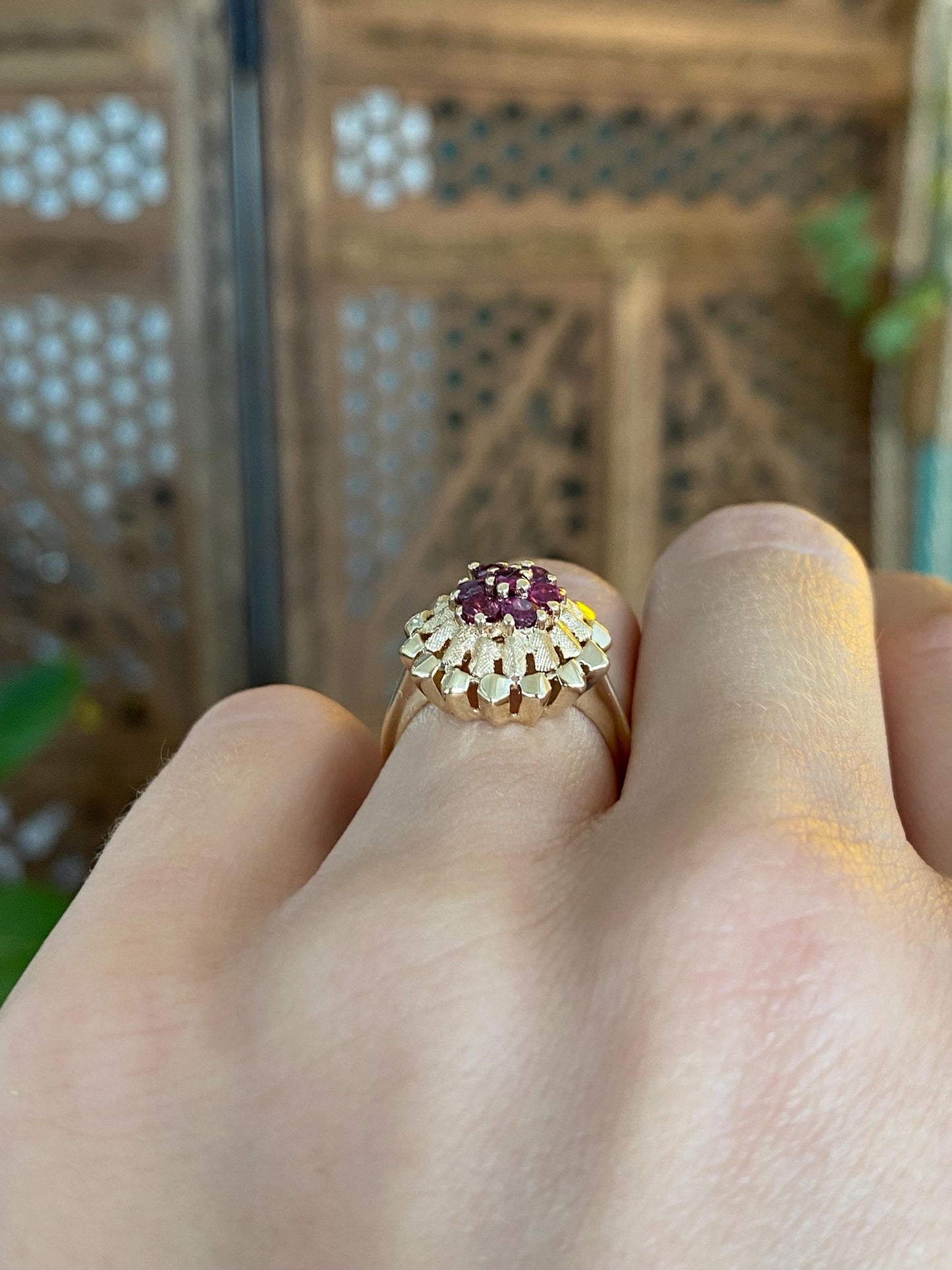 Vintage Solid 14k Yellow Gold Ruby Cluster Ring - Size 4.75