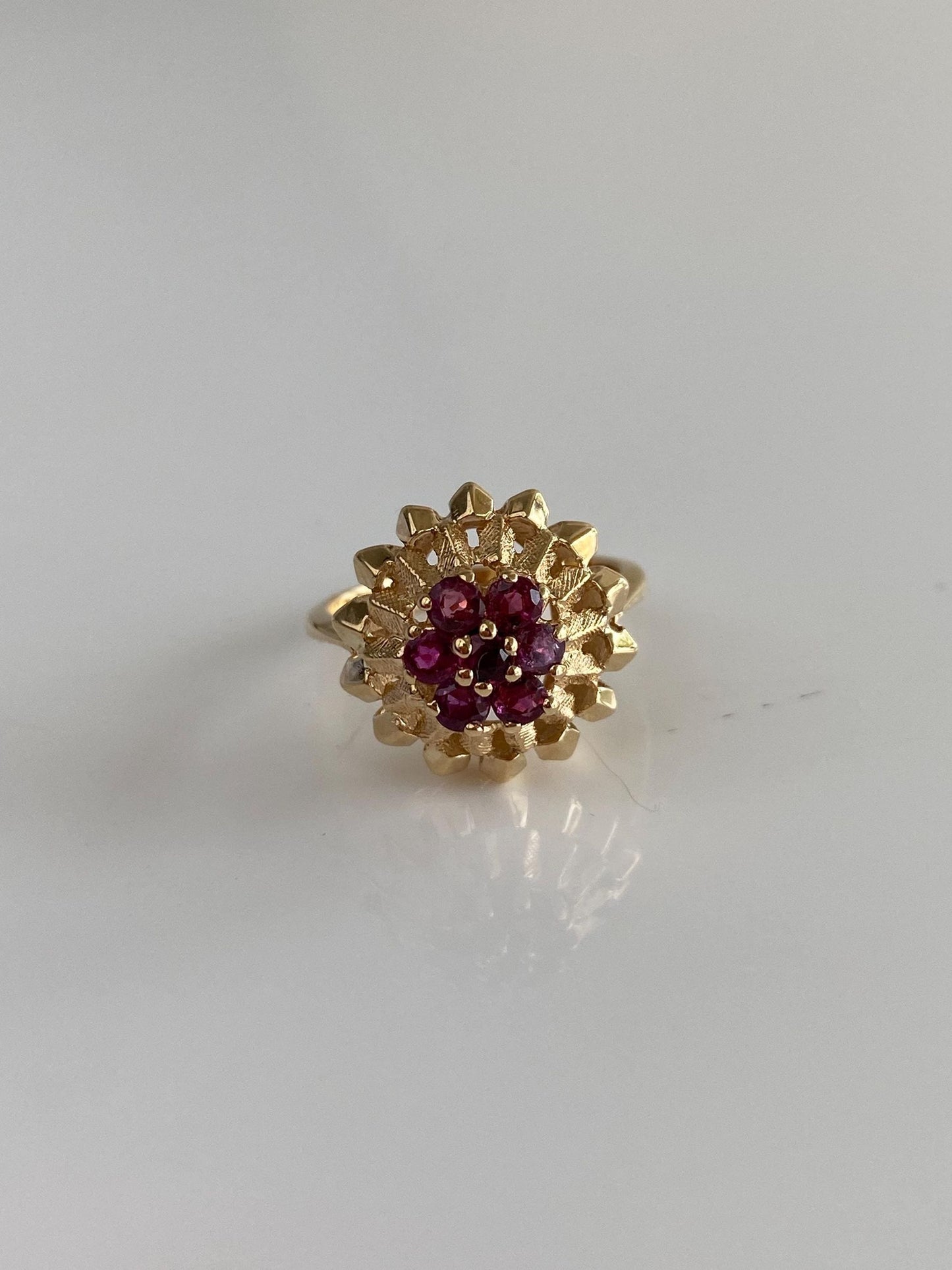 Vintage Solid 14k Yellow Gold Ruby Cluster Ring - Size 4.75