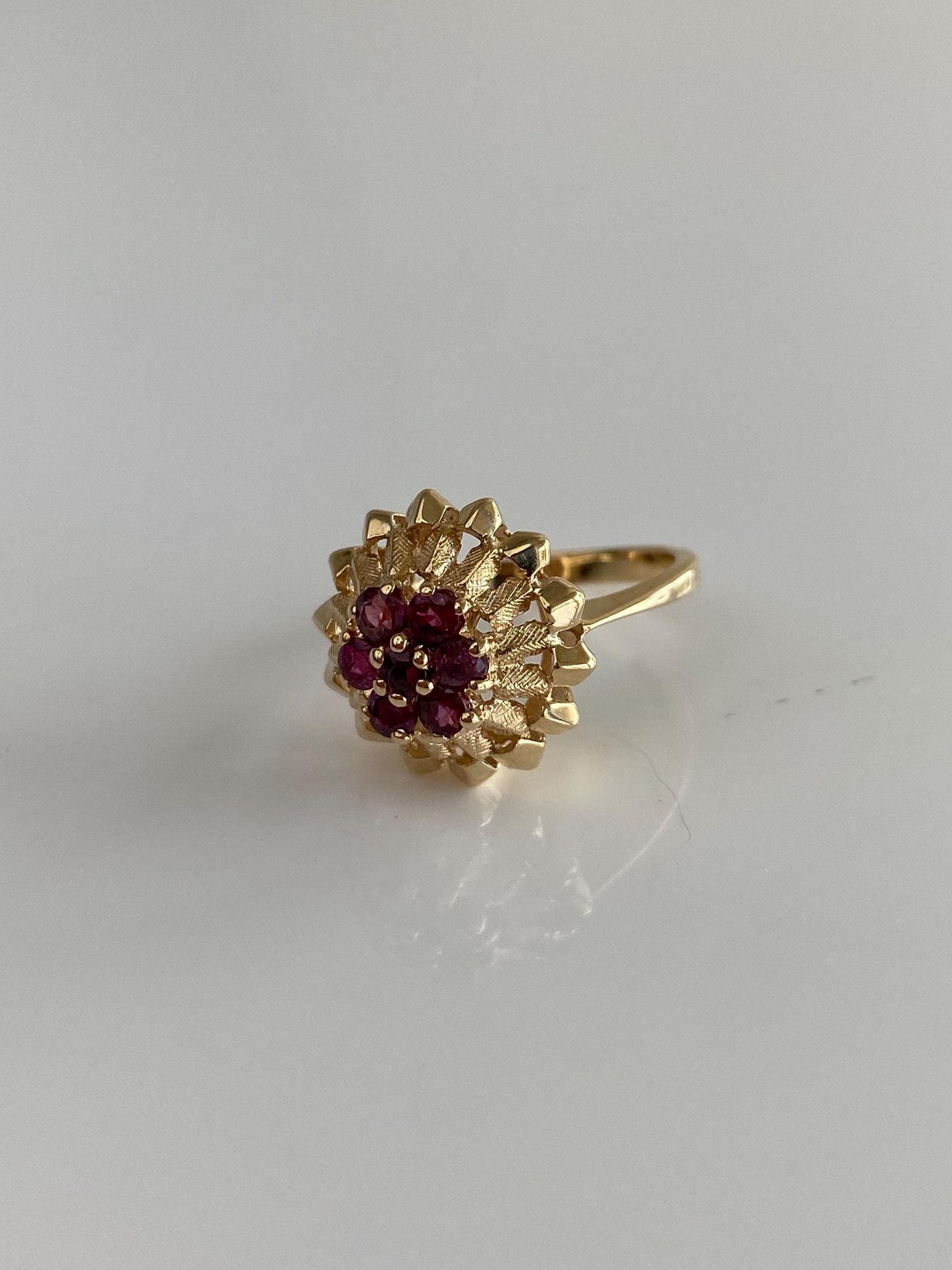 Vintage Solid 14k Yellow Gold Ruby Cluster Ring - Size 4.75