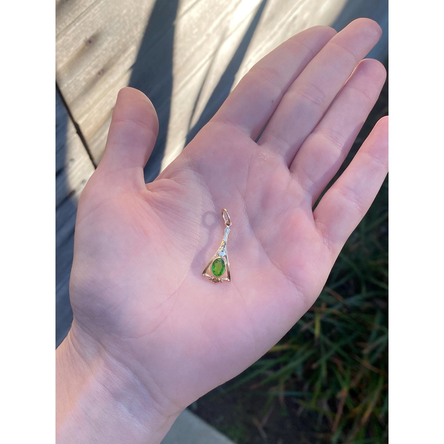 Vintage Solid 14k Yellow Gold Green Cubic Zirconia Stick Pin Conversion Charm