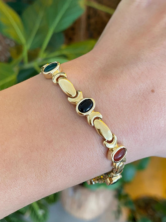 Solid 14k Yellow Gold Carnelian Green Chalcedony Onyx Link Bracelet - 7 inches