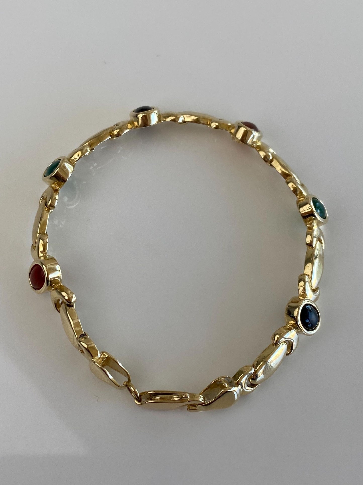Solid 14k Yellow Gold Carnelian Green Chalcedony Onyx Link Bracelet - 7 inches