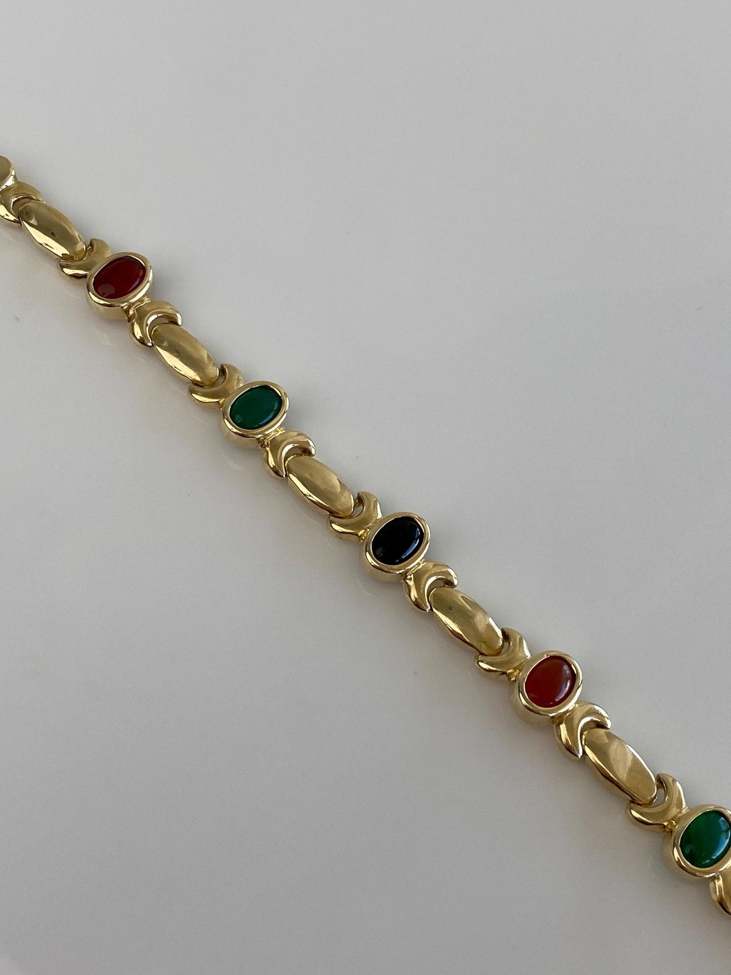 Solid 14k Yellow Gold Carnelian Green Chalcedony Onyx Link Bracelet - 7 inches