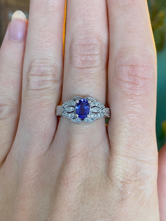 Vintage Solid 14k White Gold Diamond Tanzanite Ring - Size 6.75