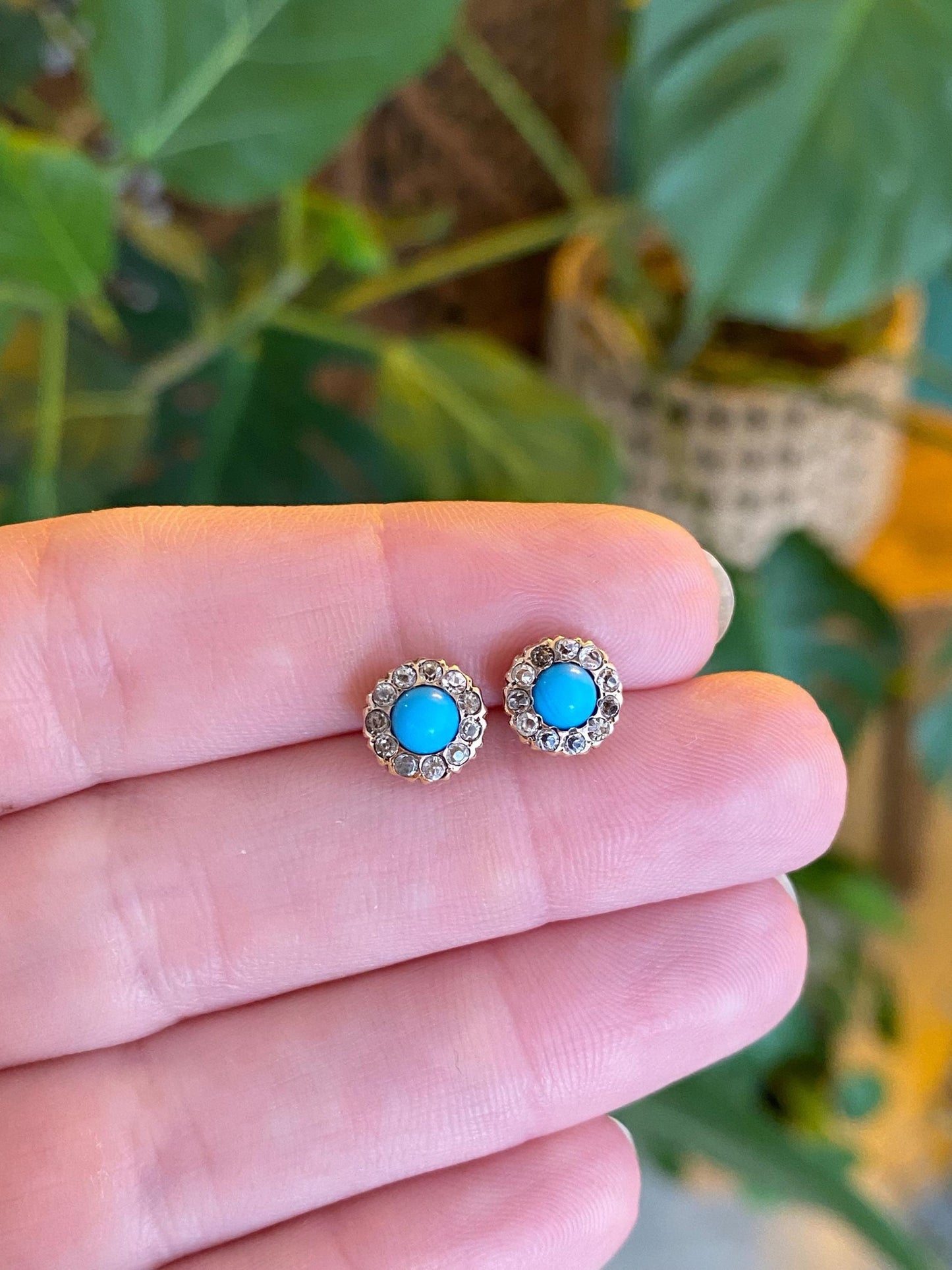 Vintage Solid 10k Rosey Gold Cubic Zirconia Halo Turquoise Stud Earrings