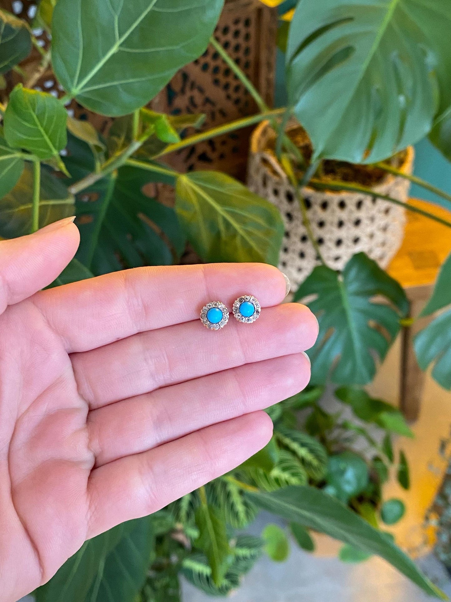 Vintage Solid 10k Rosey Gold Cubic Zirconia Halo Turquoise Stud Earrings